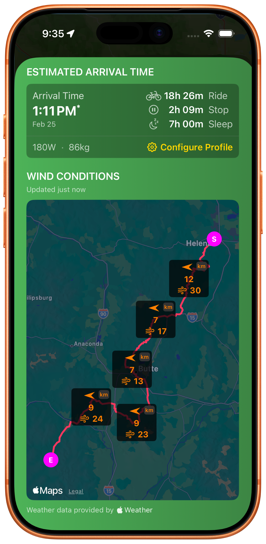 RideIQ showing estimated arrival time with wind conditions along a bikepacking route through Montana