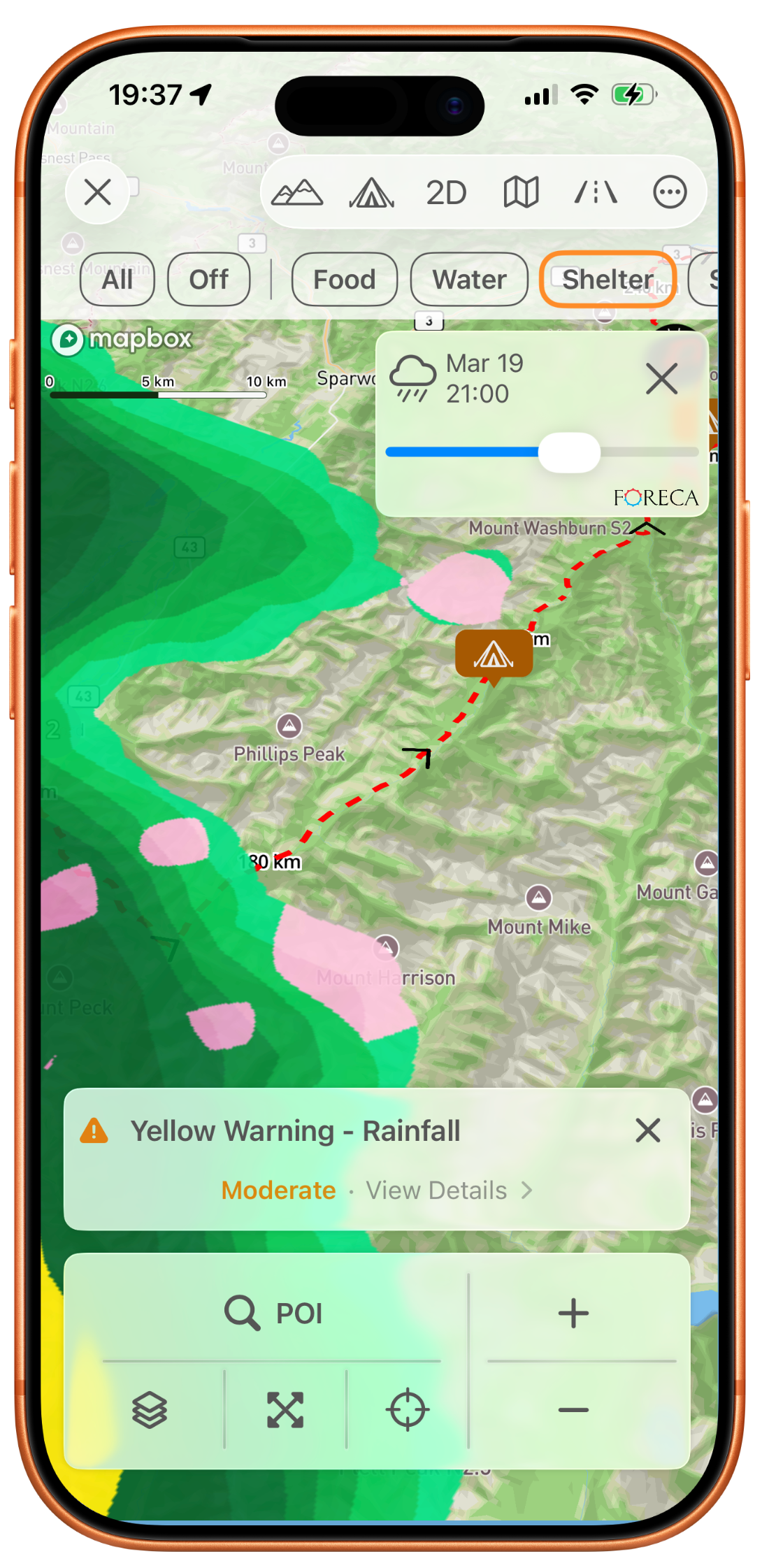 Field Weather showing animated radar overlay with rainfall warning and precipitation data on a bikepacking route